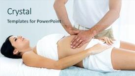  Presentation with pregnant woman massage - Slide set with pregnant woman receiving a stomach massage from masseur at home background and a sky blue colored foreground