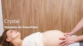  Presentation with medicine pregnant woman - PPT layouts enhanced with pregnant woman receiving osteopathic treatment in a clinic manual therapist manipulates woman's belly background and a coral colored foreground