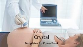  Presentation with ultrasound - PPT theme featuring pregnant woman receiving ultrasound treatment in hospital background and a coral colored foreground