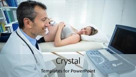  Presentation with ultrasound - Presentation theme with pregnant woman receiving ultrasound treatment in hospital background and a light blue colored foreground