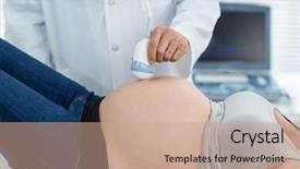  Presentation with ultrasound - PPT theme featuring pregnant woman receiving ultrasound treatment in hospital background and a coral colored foreground