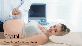  Presentation with ultrasound - Slide set featuring pregnant woman receiving ultrasound treatment in hospital background and a coral colored foreground