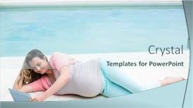 Presentation with next - Amazing slides having pregnant woman relaxing outside using tablet next to the swimming pool backdrop and a sky blue colored foreground