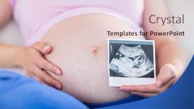  Presentation with ultrasound - Slide deck having pregnant woman showing ultrasound scans and touching her belly in the living room background and a lemonade colored foreground