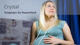  Presentation with woman child - Presentation theme enhanced with pregnant woman sitting at sofa and dreaming of her child background and a light blue colored foreground