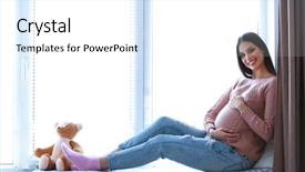  Presentation with medicine pregnant woman - Presentation with pregnant woman sitting on windowsill background and a white colored foreground