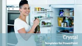  Presentation with refrigerator - Amazing presentation design having pregnant woman standing near open refrigerator and eating pickles backdrop and a light blue colored foreground