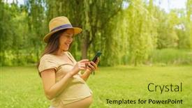  Presentation with online app - PPT theme with pregnant-woman-using-phone-app background and a yellow colored foreground