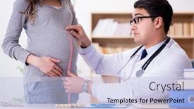  Presentation with pregnant woman doctor - Beautiful slide deck featuring pregnant woman visiting doctor for consultation backdrop and a light blue colored foreground