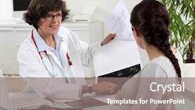  Presentation with doctor visiting family a new born - PPT theme featuring pregnant woman visiting her doctor background and a gray colored foreground