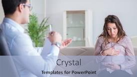  Presentation with doctor visiting family a new born - Amazing slide deck having pregnant-woman-visiting-psychologist-doctor backdrop and a light blue colored foreground