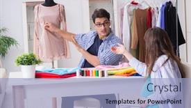  Presentation with clothing - PPT theme enhanced with pregnant woman visiting tailor for new clothing background and a light blue colored foreground