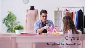  Presentation with pregnant woman - Amazing slide set having pregnant woman visiting tailor for new clothing backdrop and a coral colored foreground
