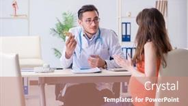  Presentation with pregnant woman doctor - PPT theme consisting of pregnant woman with her husband visiting the doctor in clinic background and a coral colored foreground