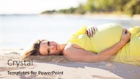  Presentation with hair dress - Slide set featuring pregnant woman with long hair in yellow dress lying down on the beach background and a coral colored foreground
