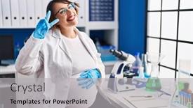  Presentation with pregnant woman - PPT theme featuring pregnant-woman-working-at-scientist background and a light gray colored foreground