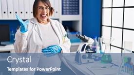  Presentation with mad scientist - PPT theme with pregnant-woman-working-at-scientist background and a ocean colored foreground