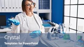  Presentation with woman hands open - PPT layouts enhanced with pregnant-woman-working-at-scientist background and a ocean colored foreground