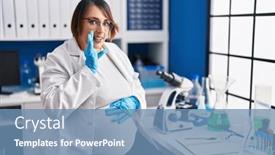  Presentation with talk - Presentation theme featuring pregnant-woman-working-at-scientist background and a teal colored foreground