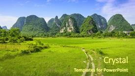  Presentation with prehistoric - Colorful presentation theme enhanced with prehistoric - karst mountain landscape in rural backdrop and a tawny brown colored foreground