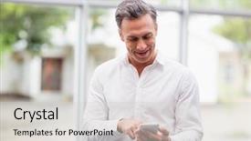  Presentation with conference - Colorful PPT layouts enhanced with premises - businessman using mobile phone backdrop and a  colored foreground