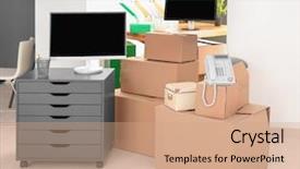  Presentation with new office - Slide set featuring premises - moving boxes and different stuff background and a coral colored foreground