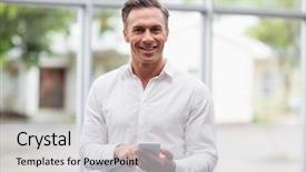  Presentation with phone - Cool new slide deck with premises - portrait of a happy businessman backdrop and a  colored foreground