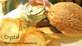  Presentation with drgon furite chips - Amazing PPT theme having premium burguers - hamburger with chips elegant presentation backdrop and a  colored foreground