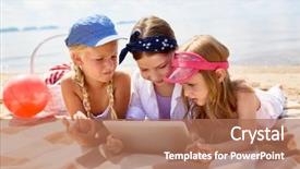  Presentation with group of girls - Cool new PPT theme with prenant - group of little friendly girls backdrop and a coral colored foreground