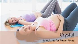  Presentation with prenatal - Colorful presentation enhanced with prenatal - smiling pregnant women in yoga backdrop and a coral colored foreground