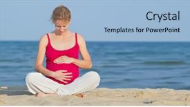  Presentation with beautiful skin and beach - Colorful presentation design enhanced with prenatal care - beautiful pregnant woman backdrop and a light blue colored foreground