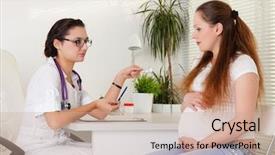  Presentation with prenatal care - Slide set featuring prenatal care - pregnant woman visiting doctor background and a coral colored foreground