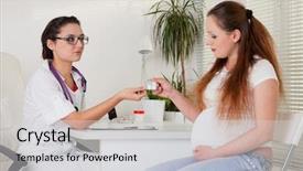  Presentation with pregnant woman doctor - Presentation with prenatal care - pregnant woman visiting doctor background and a light gray colored foreground