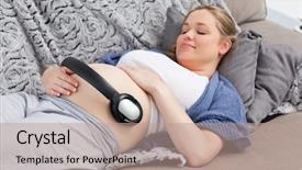  Presentation with being a single woman - Amazing theme having prenatal care - young woman putting her earphones backdrop and a  colored foreground