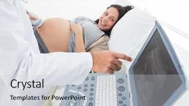  Presentation with pregnant woman doctor - Slide deck with prenatal screening - midsection of male doctor showing background and a light gray colored foreground