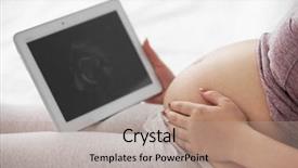  Presentation with ultrasound - Theme having prenatal screening - pregnant woman looking at tablet background and a coral colored foreground