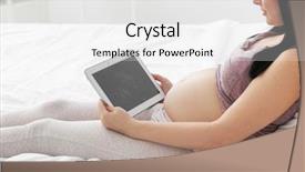  Presentation with ultrasound - Slide set with prenatal screening - pregnant woman looking at tablet background and a white colored foreground