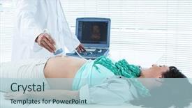  Presentation with ultrasound - Slide deck having prenatal screening - pregnant woman undergoing ultrasound test background and a light blue colored foreground
