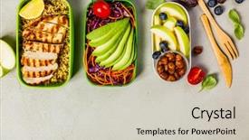  Presentation with lunch - Beautiful slide set featuring prep - healthy lunch in boxes backdrop and a soft green colored foreground