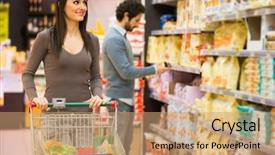  Presentation with grocery store - PPT theme consisting of prepackaged snack - young couple shopping background and a coral colored foreground