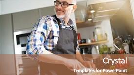  Presentation with man watching woman preparing vegetables - Colorful presentation enhanced with preparation - cheerful mature man in kitchen backdrop and a coral colored foreground