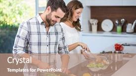 Presentation with young happy couple - Amazing slide set having preparation - happy young couple preparing food backdrop and a coral colored foreground