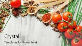  Presentation with herbs - Slide deck consisting of preparation - tomatoes wooden spoons with fresh background and a light gray colored foreground