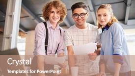  Presentation with group of happy couples - Theme enhanced with preparation business plans entrepreneurs - group of young happy managers background and a coral colored foreground