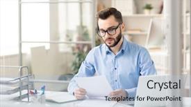  Presentation with smart - Presentation theme enhanced with preparation business plans entrepreneurs - serious financier in smart casual background and a light blue colored foreground