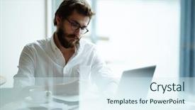  Presentation with business research - Slide set consisting of preparation business plans entrepreneurs - serious man searching for job background and a sky blue colored foreground