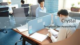  Presentation with employees - PPT layouts having preparation business plans entrepreneurs - several employees sitting by their background and a  colored foreground