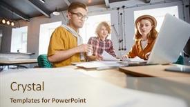  Presentation with project - Beautiful slide deck featuring preparation business plans entrepreneurs - three young designers looking backdrop and a  colored foreground