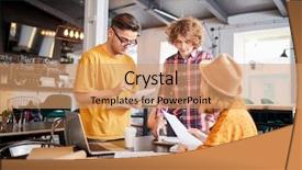  Presentation with work - Presentation theme enhanced with preparation business plans entrepreneurs - three young specialists organizing work background and a  colored foreground