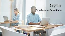  Presentation with employee - Slides enhanced with preparation business plans entrepreneurs - young employee and his colleague background and a  colored foreground